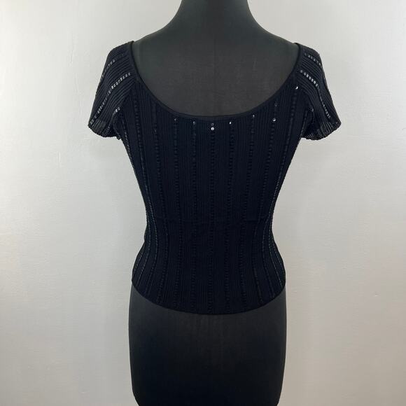 VINTAGE Laundry Shelli Segal Black Short Sleeve Mesh Overlay Sequin Stripe Top L - Picture 5 of 6